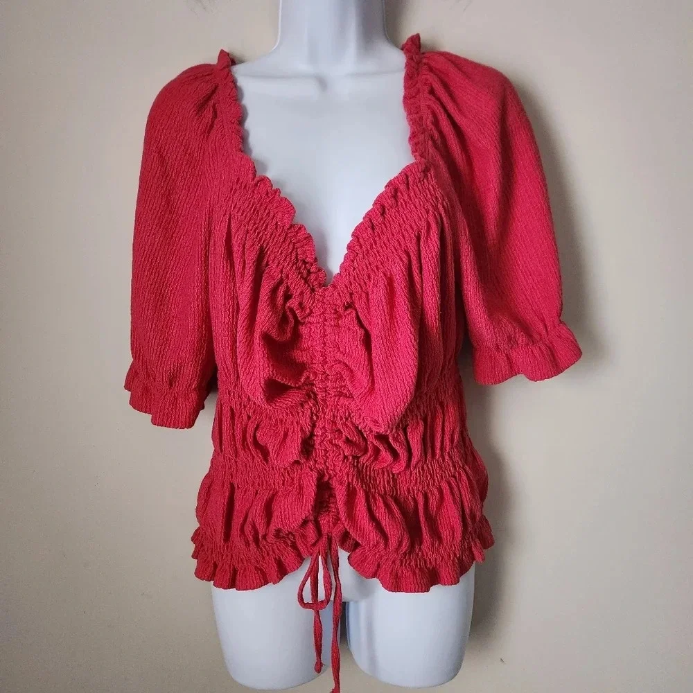 Anthropologie Pilcro | Puff-Sleeved Cinched Waist Top in Rose/Tyrie - Size XL